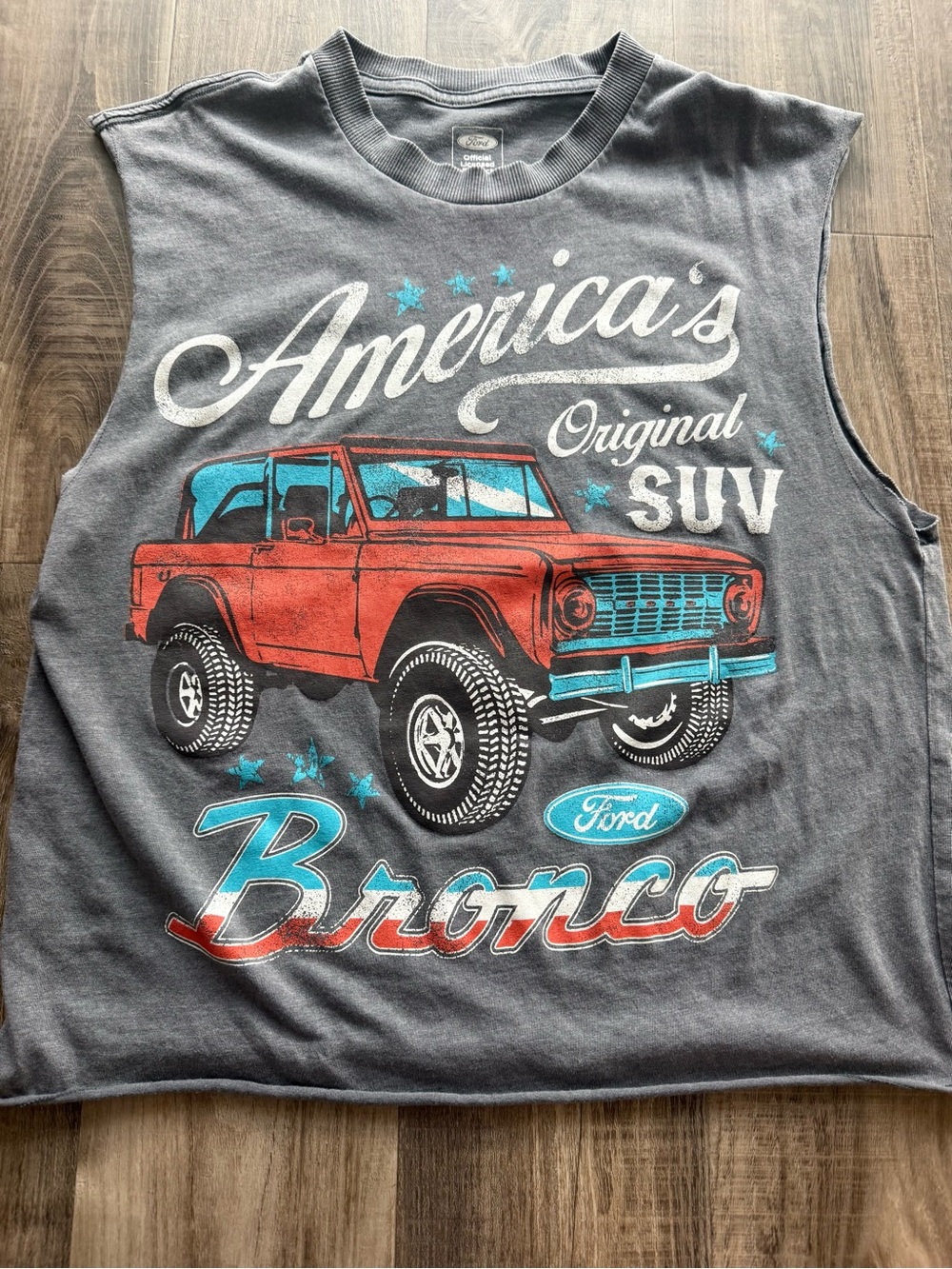 Ford Sleeveless Tank Top in Gray with Red & Teal Bronco Graphic